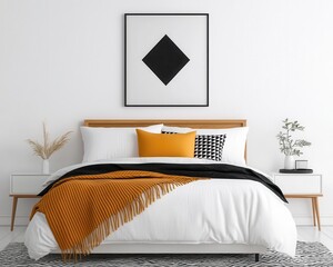 Bedroom with midcentury modern bed frame, bold geometric artwork, neutral color palette, cozy vibe