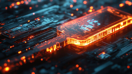 Futuristic glowing key with encryption codes displayed on a digital circuit board, symbolizing advanced technology and cybersecurity protection in a transparent design.
