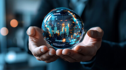 Fototapeta premium person holding holographic globe displaying data and graphs, symbolizing technology and innovation. image conveys sense of futuristic insight and analysis