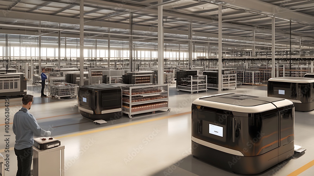 Poster a modern automated warehouse with robotic systems for efficient inventory management.