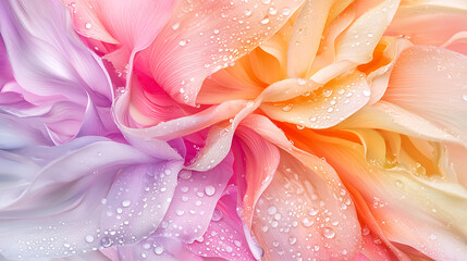 Obraz premium Delicate flower petals in soft pastel colors with dew droplets create serene and refreshing atmosphere. intricate details and vibrant hues evoke sense of tranquility and beauty