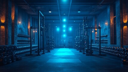 Bright blue lights illuminate a large gym filled with weights and fitness equipment. The atmosphere is energetic, emphasizing a perfect setting for workouts.