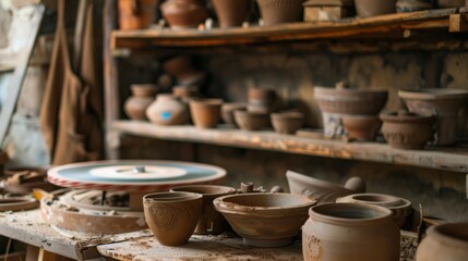 An artistic pottery studio with tools and clay pots, Pottery wheels and crafted pots arranged aesthetically, Rustic craft style