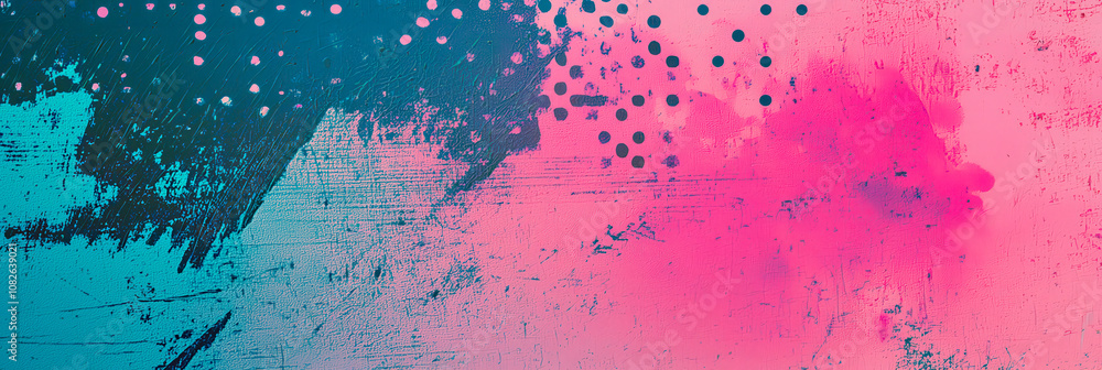 Poster bold strokes of pink and blue, interspersed with dotted patterns, creating an energetic and vibrant 