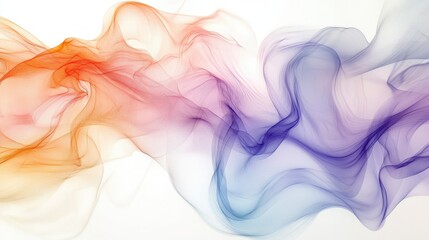 Obraz premium Ethereal Flow of Colorful Smoke Waves in Orange, Purple, and Blue Shades Over a Soft White Background for Abstract Art and Design Projects