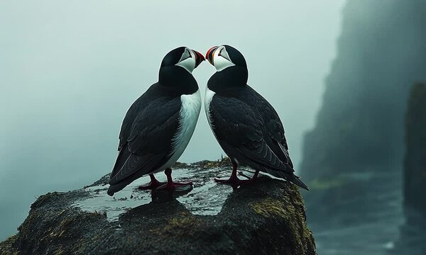 Two puffins gently touching beaks on a rocky surface in a misty coastal environment.