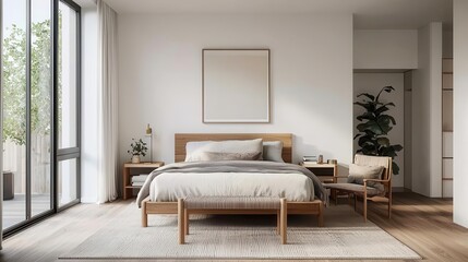 Scandinavianstyle bedroom with modern bed frame, geometric artwork, airy open space, soft textures