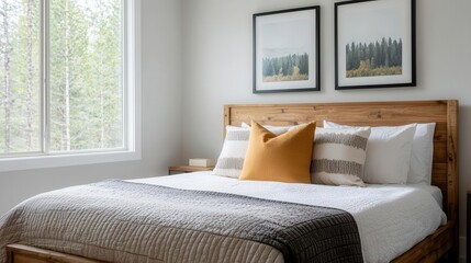 Fototapeta premium Rustic bedroom with distressed wood bed frame, mountain landscape artwork, cozy blankets, warm lighting