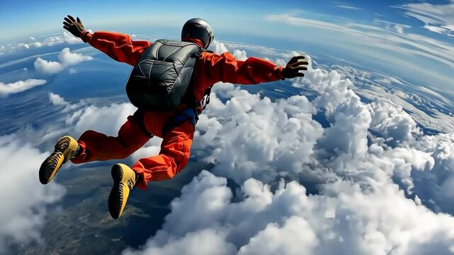 Skydiver performs breathtaking jump over clouds, showcasing stunning views and exhilarating freefall experience in open skies