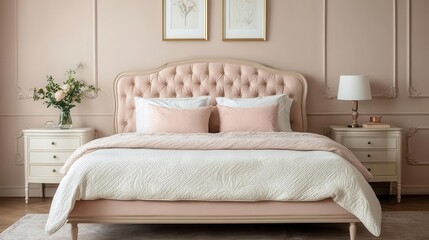 Elegant bedroom with ornate bed frame, soft pastel artwork, luxurious textiles, natural light