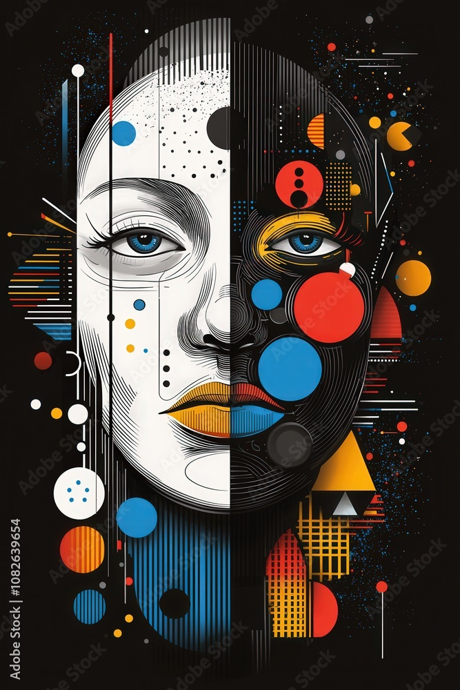 Poster the artwork features a split face, one side exhibiting realism with natural tones, while the other b