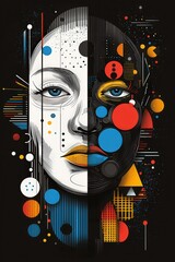 The artwork features a split face, one side exhibiting realism with natural tones, while the other bursts with vivid abstract shapes and colors, creating a striking contrast