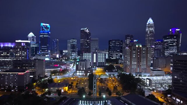 Charlotte North Carolina Downtown Skyline by night - drone photography
