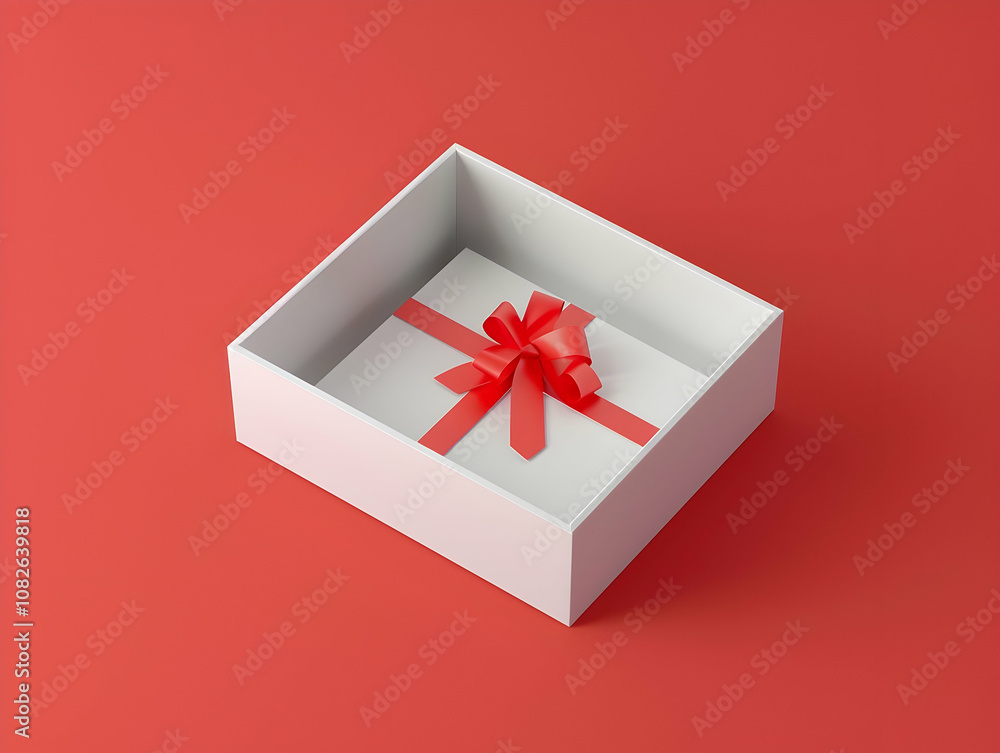 Poster an open white gift box with a red ribbon bow on the top, with empty space inside for product display