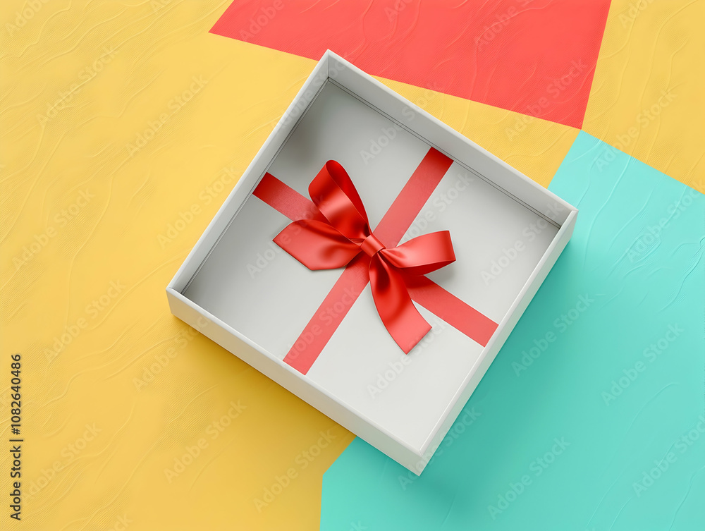 Poster illustration of an open white gift box with a red ribbon bow on an empty space, isolated on a vibran