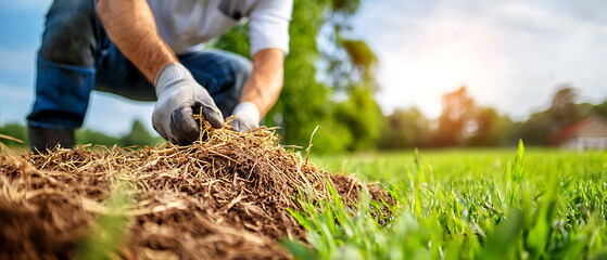 Worker utilizes biodegradable mulch to enhance crop growth and promote nature conservation