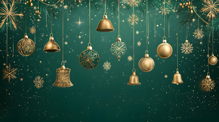 Holiday Golden Minimalist Bell Garland and Snowflake New Year Banner Card.