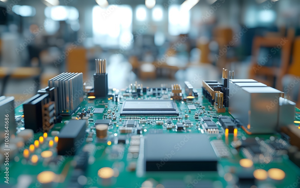 Poster close-up of a circuit board showcasing electronic components in a tech environment.