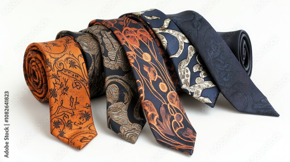 Poster elegant collection of fashionable ties with intricate patterns displayed on a neutral background for