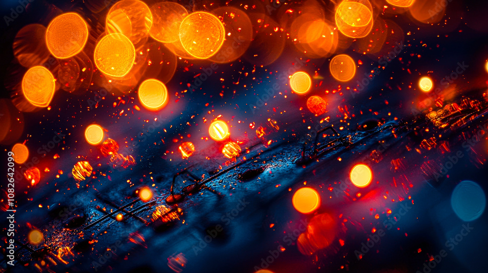 Poster bokeh lights fills the scene with bright orbs of color against a dark background, reflecting beautifully off a wet surface and creating an enchanting atmosphere