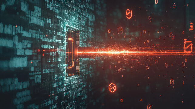 Digital Key Visualization with Light Trails and Codes Emitting from a Central Point, Featuring Abstract Data Patterns and High-Tech Aesthetics