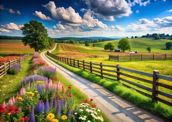 Fototapeta premium Scenic American Country Roadside View Featuring Lush Greenery, Rustic Fences, and Open Fields Under a Clear Blue Sky, Perfect for Architectural Photography and Nature Lovers