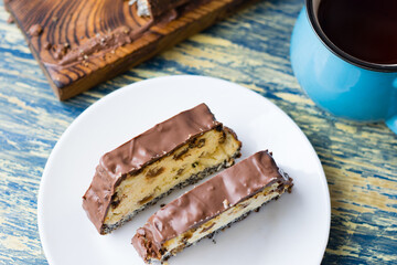 Delicious chocolate dessert, cheesecake with raisins and poppy seeds. Lviv cheesecake, a traditional Ukrainian dessert