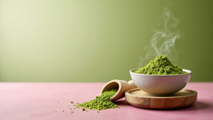 Pink tablecloth with steaming cup of matcha, surrounded by matcha powder and tea utensils.