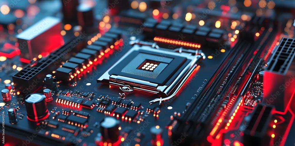 Poster close-up of a computer motherboard with illuminated components, showcasing technology's intricacies.