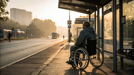 Man in a wheelchair waiting at a bus stop at sunrise, symbolizing independence, daily routine, and accessible public transportation in an urban setting.