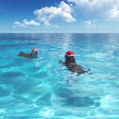 santa claus with snorkeling in sea water, christmas vacation