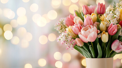 Obraz premium vibrant bouquet of tulips and flowers in soft pastel colors, creating cheerful and warm atmosphere. Perfect for spring decor or floral arrangements