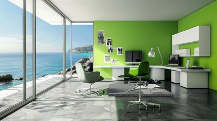 Home office with green accent wall and ergonomic furniture