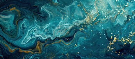 Abstract Swirling Liquid Art in Teal and Gold