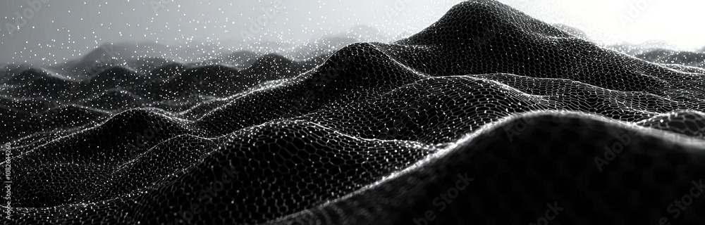 Poster futuristic black hexagon background. futuristic honeycomb concept. wave of particles. 3d rendering. 