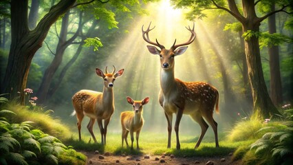 Obraz premium Serene Scene of a Deer Family in a Lush Green Forest Surrounded by Tranquil Nature with Gentle Sunlight Filtering Through the Trees, Perfect for Wildlife and Family Imagery