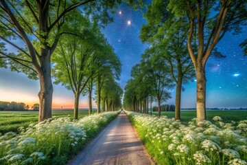 Obraz premium Serene Spring Countryside Road with Lush Green Trees and White Cow Parsley Blossoms in the Netherlands Under Night Sky