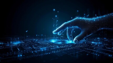 Hand touch digital hud interface futuristic technology background of virtual computer screen display ui future concept or cyber communication hologram and innovation internet syste