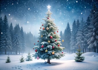 Obraz premium Serene Winter Wonderland: A Minimalist Christmas Tree Amidst a Snowy Forest for a Festive Holiday Atmosphere