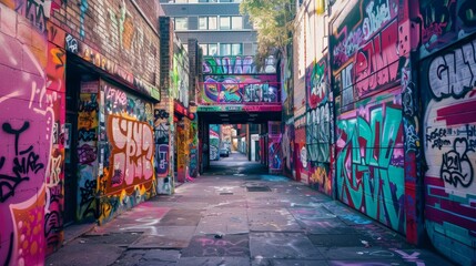 Fototapeta premium Vibrant alleyway filled with colorful graffiti and street art, showcasing urban creativity in a lively city setting.
