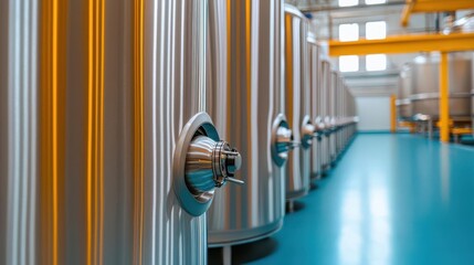 Obraz premium Large stainless steel tanks in advanced wine factory, clean industrial setting, modern technology, fermentation process
