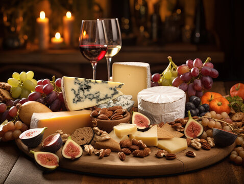 Tabla de quesos con uvas, higos, nueces, pan y copas de vino, en ambiente acogedor con velas.