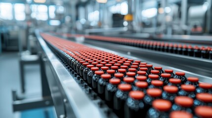 Obraz premium Conveyor with labeled wine bottles, sleek packaging line, modern factory design, industrial wine production