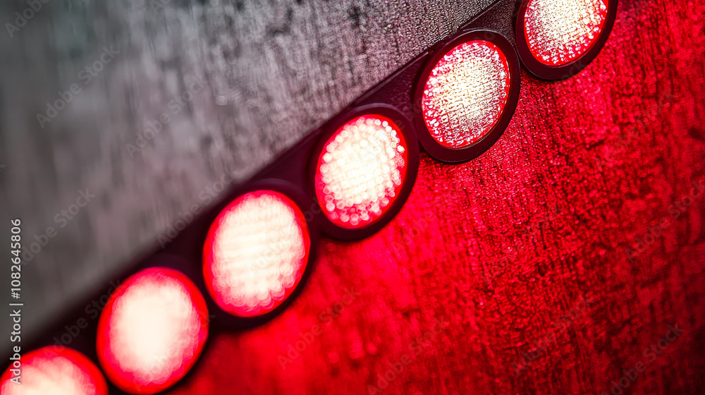 Poster Bright red and white LED lights create an intriguing pattern along a textured concrete wall in a contemporary architectural space at dusk