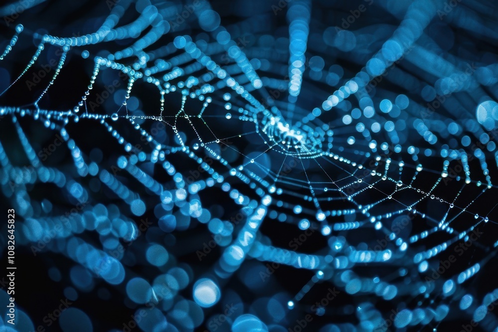 Aufkleber A vibrant spider web illuminated with colorful lights creates an abstract representation of nature intertwined with technology in a dark setting