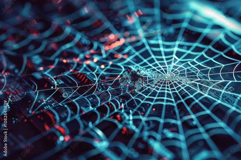 Poster a vibrant spider web illuminated with colorful lights creates an abstract representation of nature i