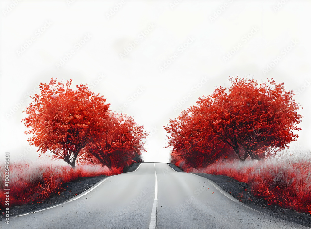 Poster a road with red trees on both sides, leading to the distance, forming an open heart-shaped frame in 
