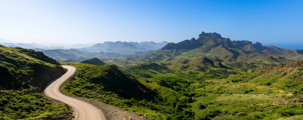 Scenic Winding Mountain Road Surrounded by Lush Greenery - Tranquil Holiday Journey Through Vibrant Hills Under Bright Sky and Sunlight