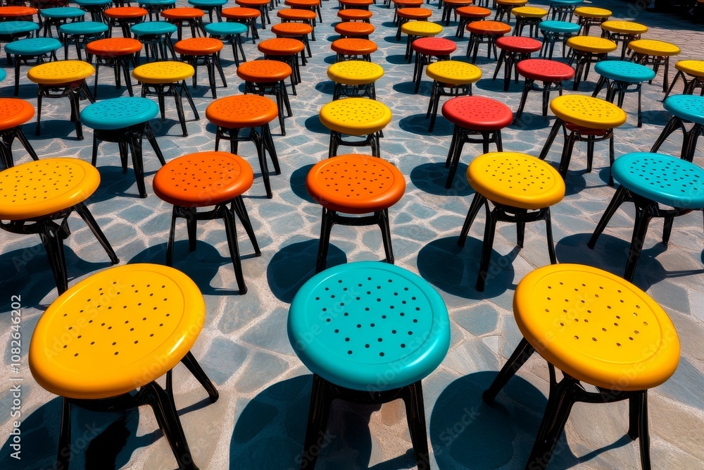 Poster Abstract design of desks and chairs arranged in a classroom pattern, simple lines and muted colors