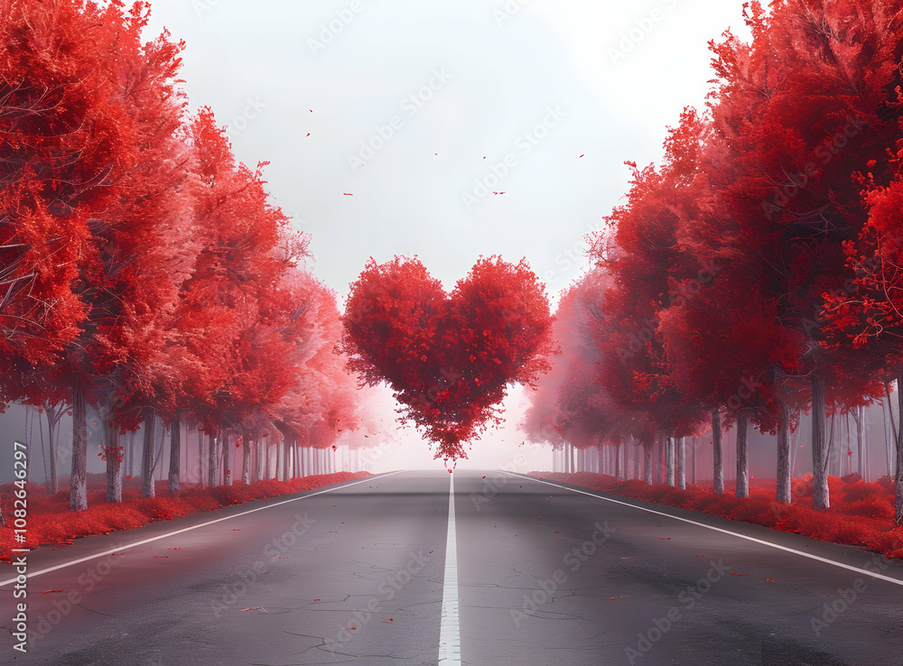 Poster a road with red trees on both sides, leading to the distance, forming an open heart-shaped frame in 